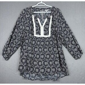 Crown & Ivy Top Woman's 3X Navy/White 3/4 Sleeve Blouse Boho Flower Peasant